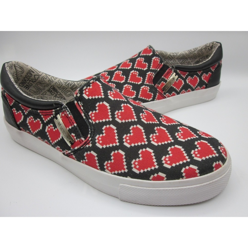 Authentic black w/ red hearts Moschino slip ons size 36